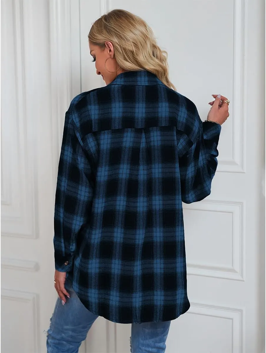Women's Plaid Shirt Checked Oversized Blouse Long Sleeve Shirt Elegant Shirt Tops