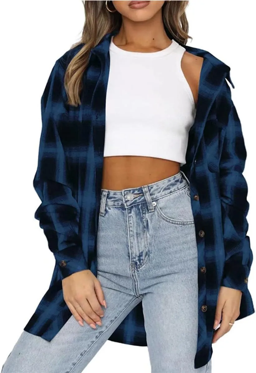 Women's Plaid Shirt Checked Oversized Blouse Long Sleeve Shirt Elegant Shirt Tops