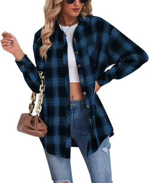 Women's Plaid Shirt Checked Oversized Blouse Long Sleeve Shirt Elegant Shirt Tops