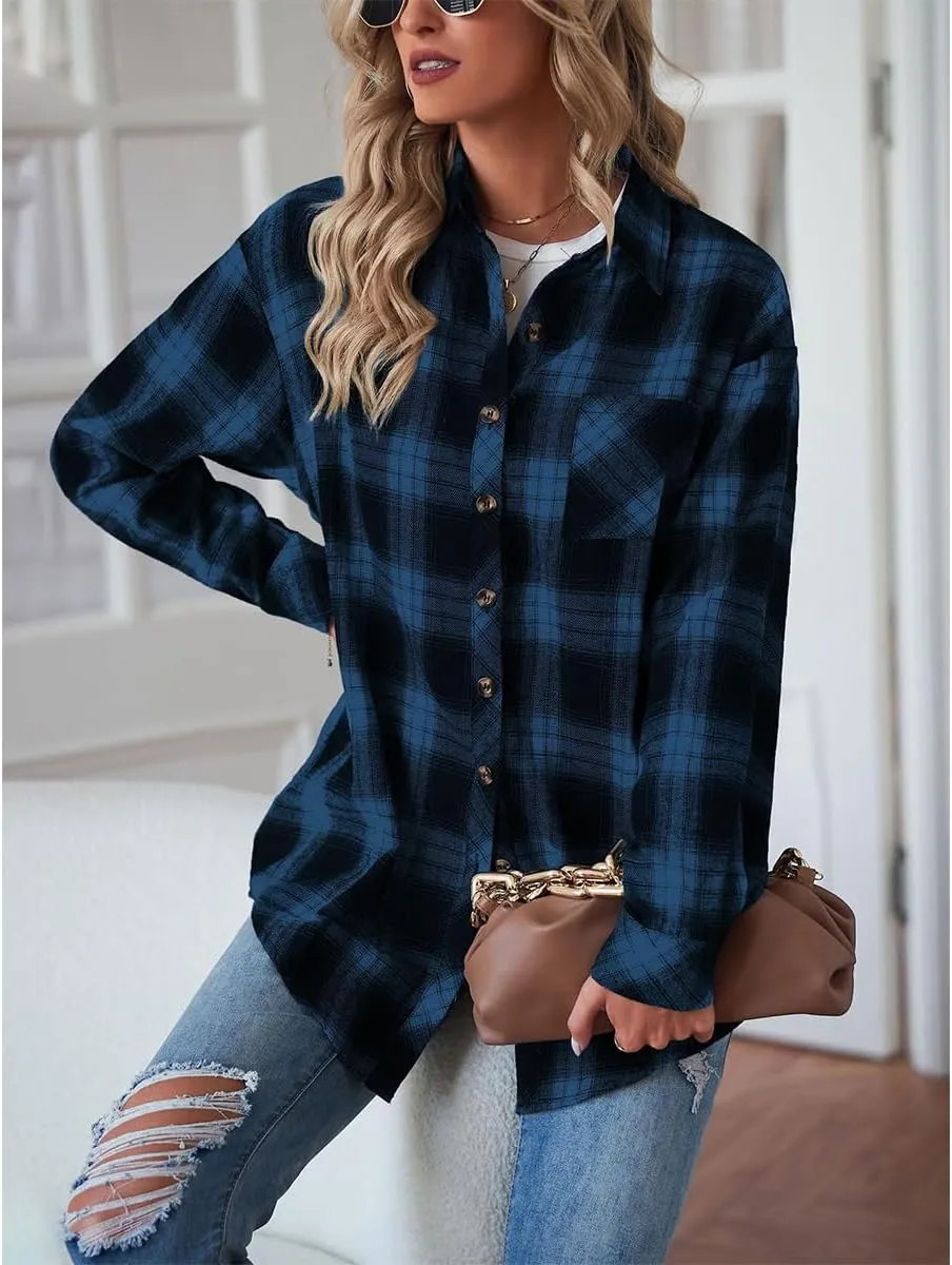 Women's Plaid Shirt Checked Oversized Blouse Long Sleeve Shirt Elegant Shirt Tops