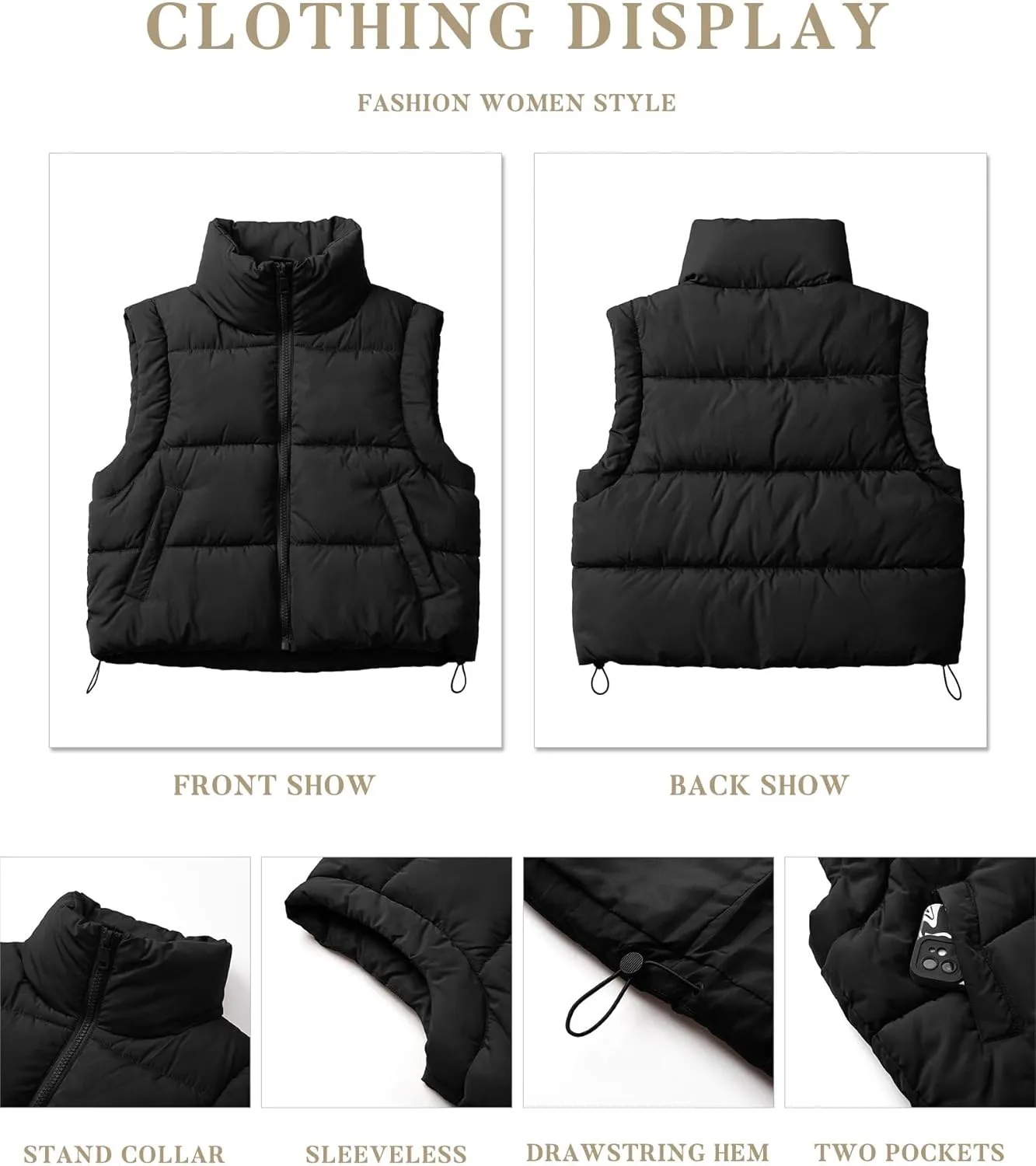 Women's Puffer Vest Lightweight Sleeveless Winter Outerwear Full Zipper Warm Padded Gilet Jacket Coat with Pockets