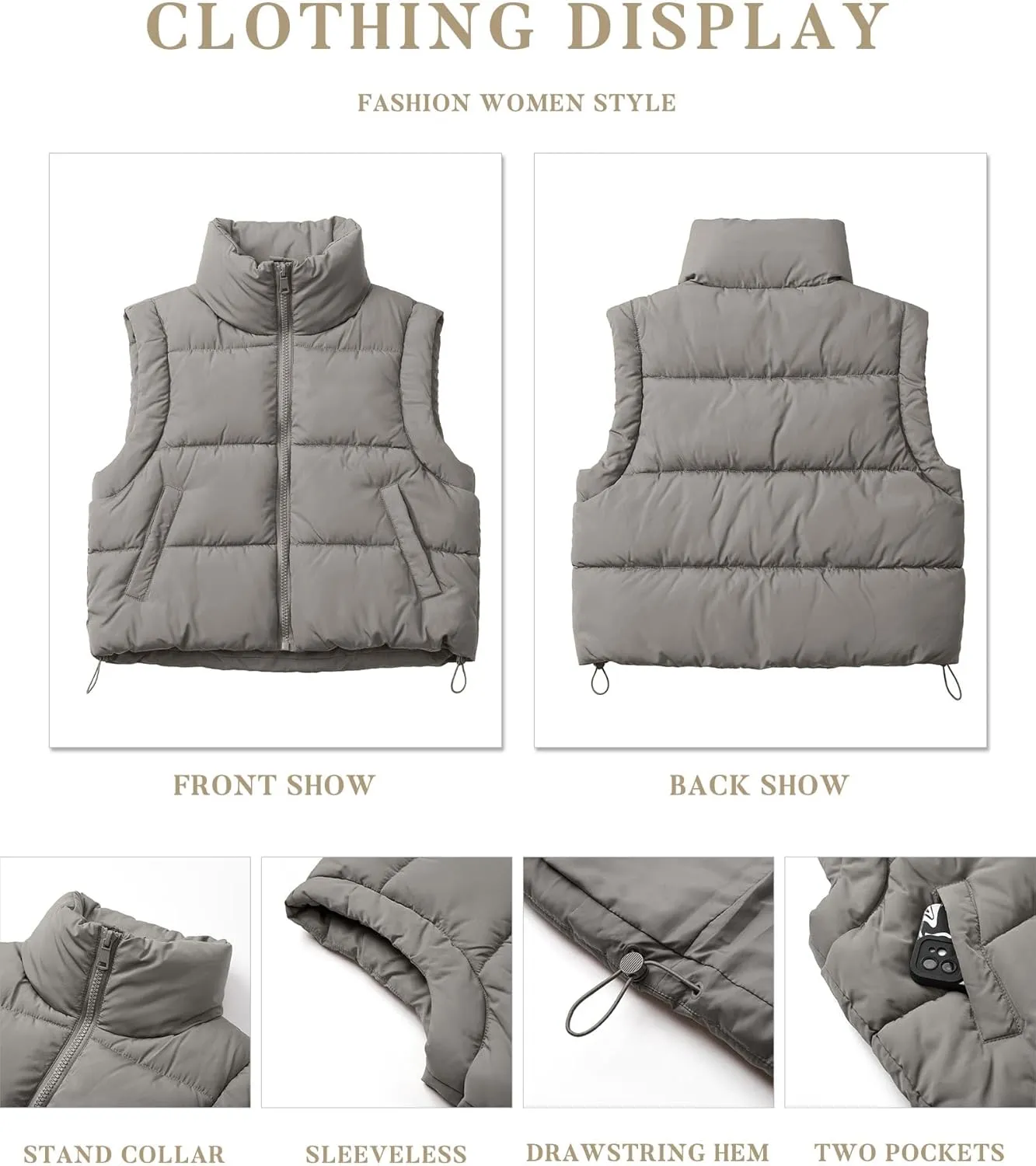 Women's Puffer Vest Lightweight Sleeveless Winter Outerwear Full Zipper Warm Padded Gilet Jacket Coat with Pockets