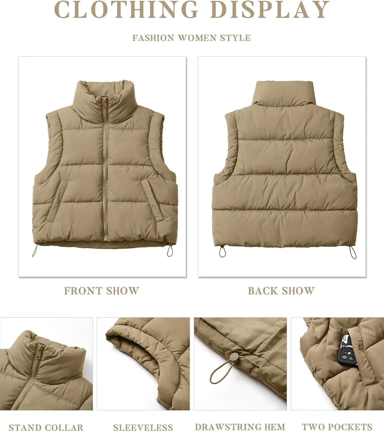 Women's Puffer Vest Lightweight Sleeveless Winter Outerwear Full Zipper Warm Padded Gilet Jacket Coat with Pockets