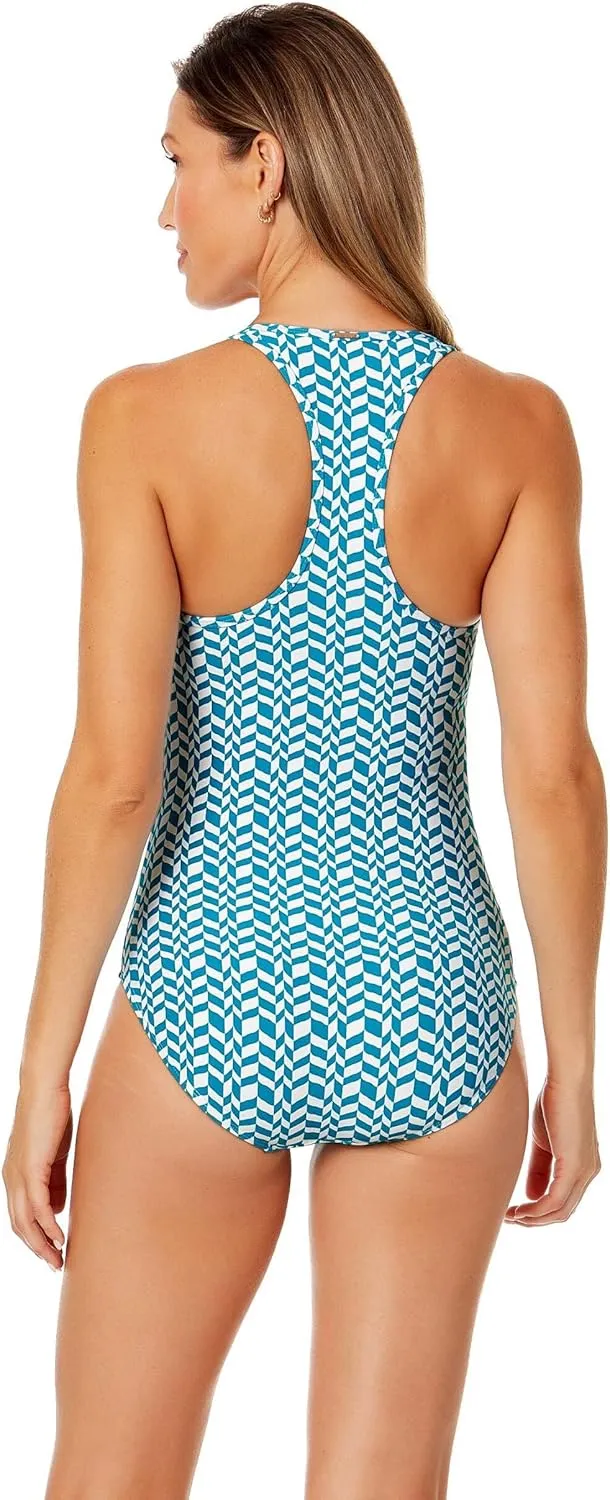 Women's Ripple Geo Scoop Neck Zip Front Racerback One Piece Swimsuit