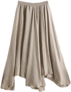 Women's Solid Linen Skirts Summer Midi Color Irregular Pleated Black Big Swing Fishtail Skirt