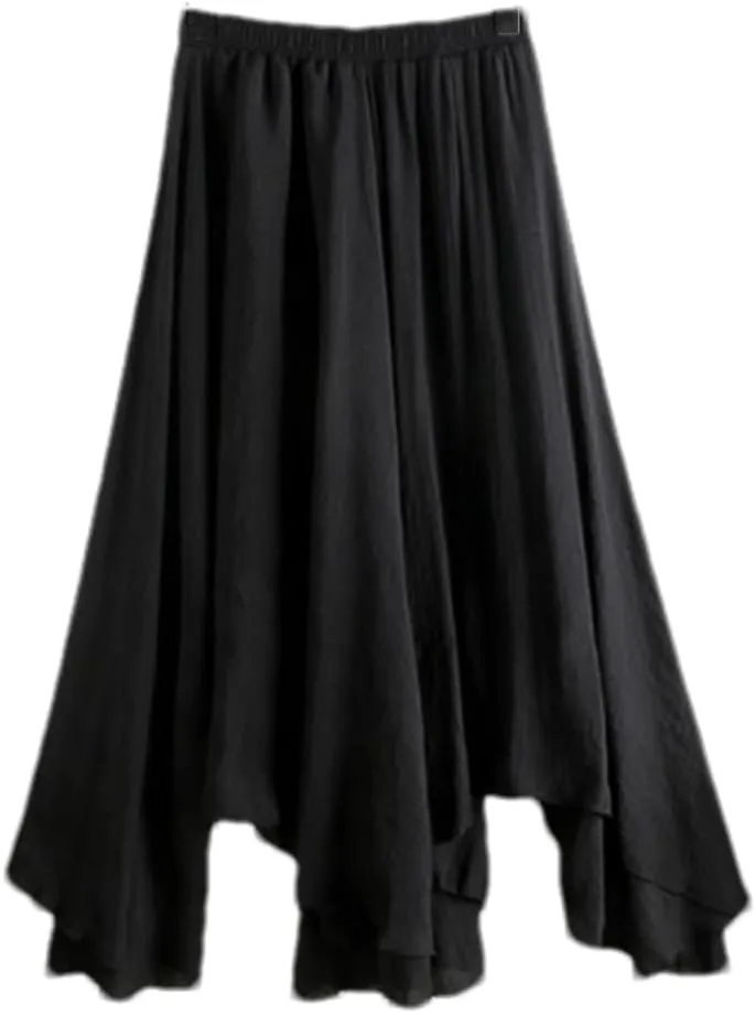 Women's Solid Linen Skirts Summer Midi Color Irregular Pleated Black Big Swing Fishtail Skirt