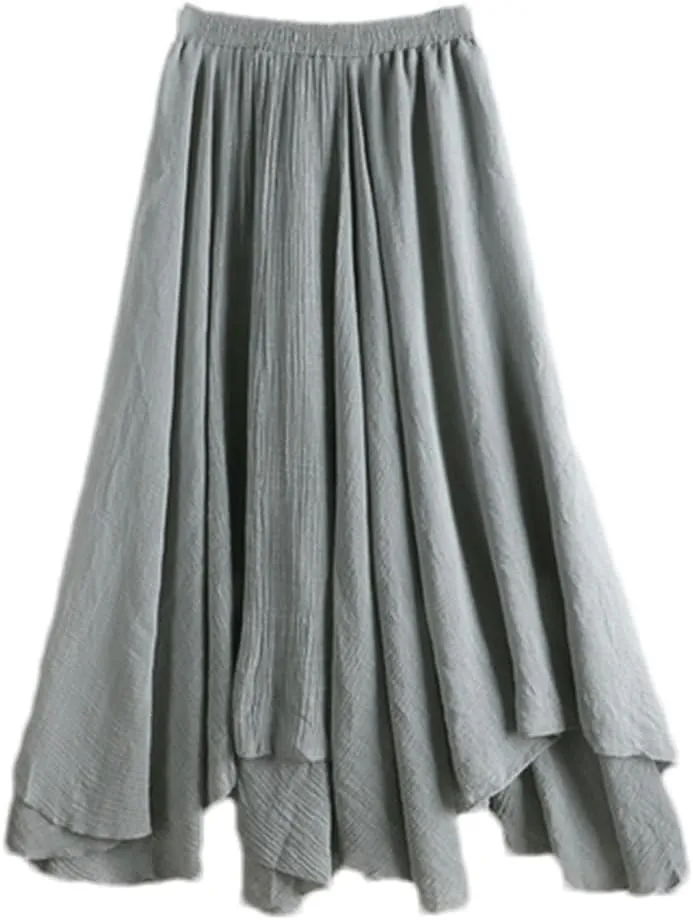 Women's Solid Linen Skirts Summer Midi Color Irregular Pleated Black Big Swing Fishtail Skirt