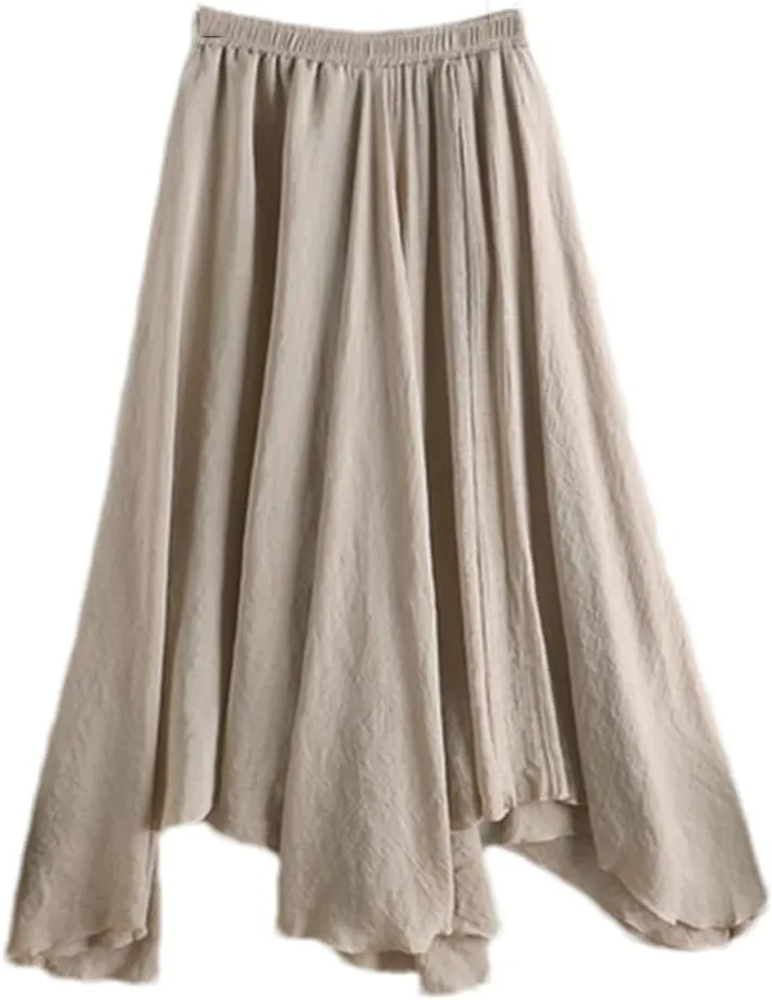 Women's Solid Linen Skirts Summer Midi Color Irregular Pleated Black Big Swing Fishtail Skirt