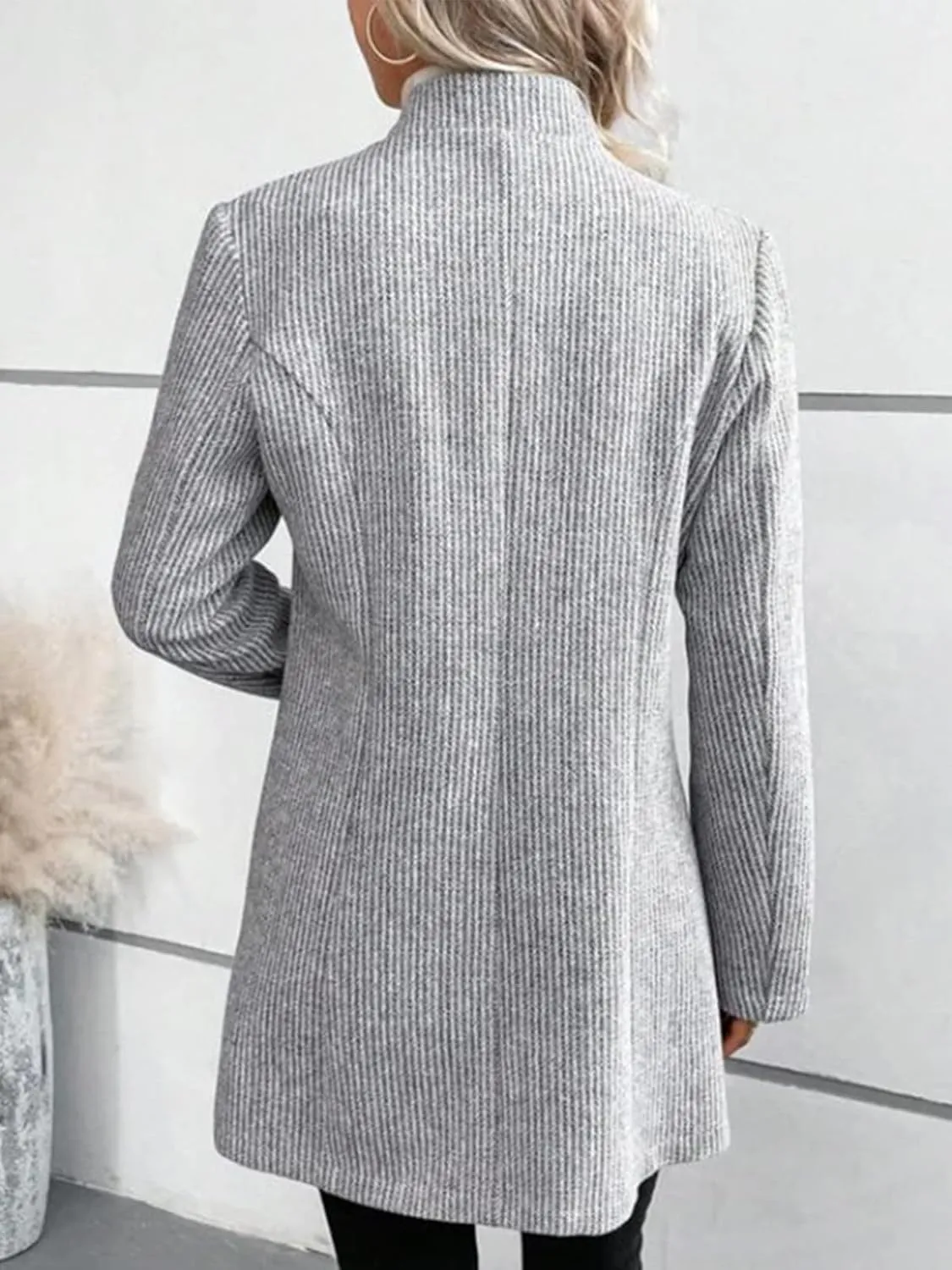 Womens Stand Collar Pea Coats Button Down Splicing Mid Length Wool Blend Trench Coat Blazer Jackets