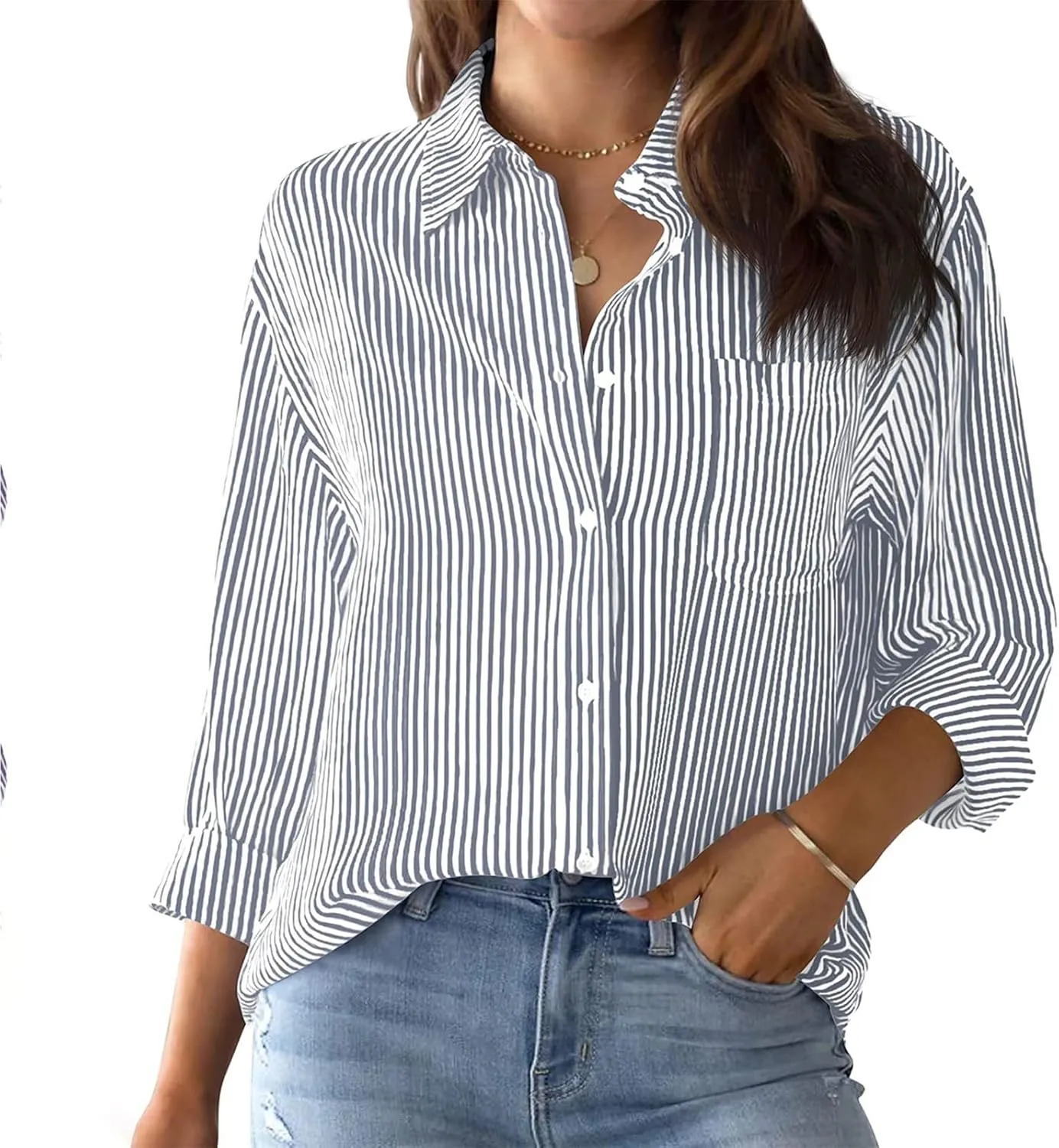Womens Striped Button Down Shirts Casual Long Sleeve Stylish Collared Oversized V NeckFashion Work Blouses Tops