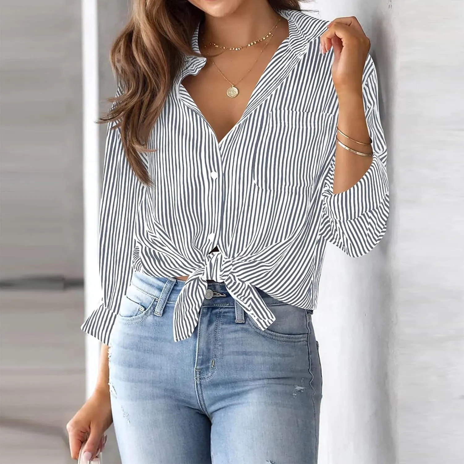 Womens Striped Button Down Shirts Casual Long Sleeve Stylish Collared Oversized V NeckFashion Work Blouses Tops