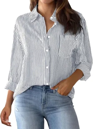 Womens Striped Button Down Shirts Casual Long Sleeve Stylish Collared Oversized V NeckFashion Work Blouses Tops