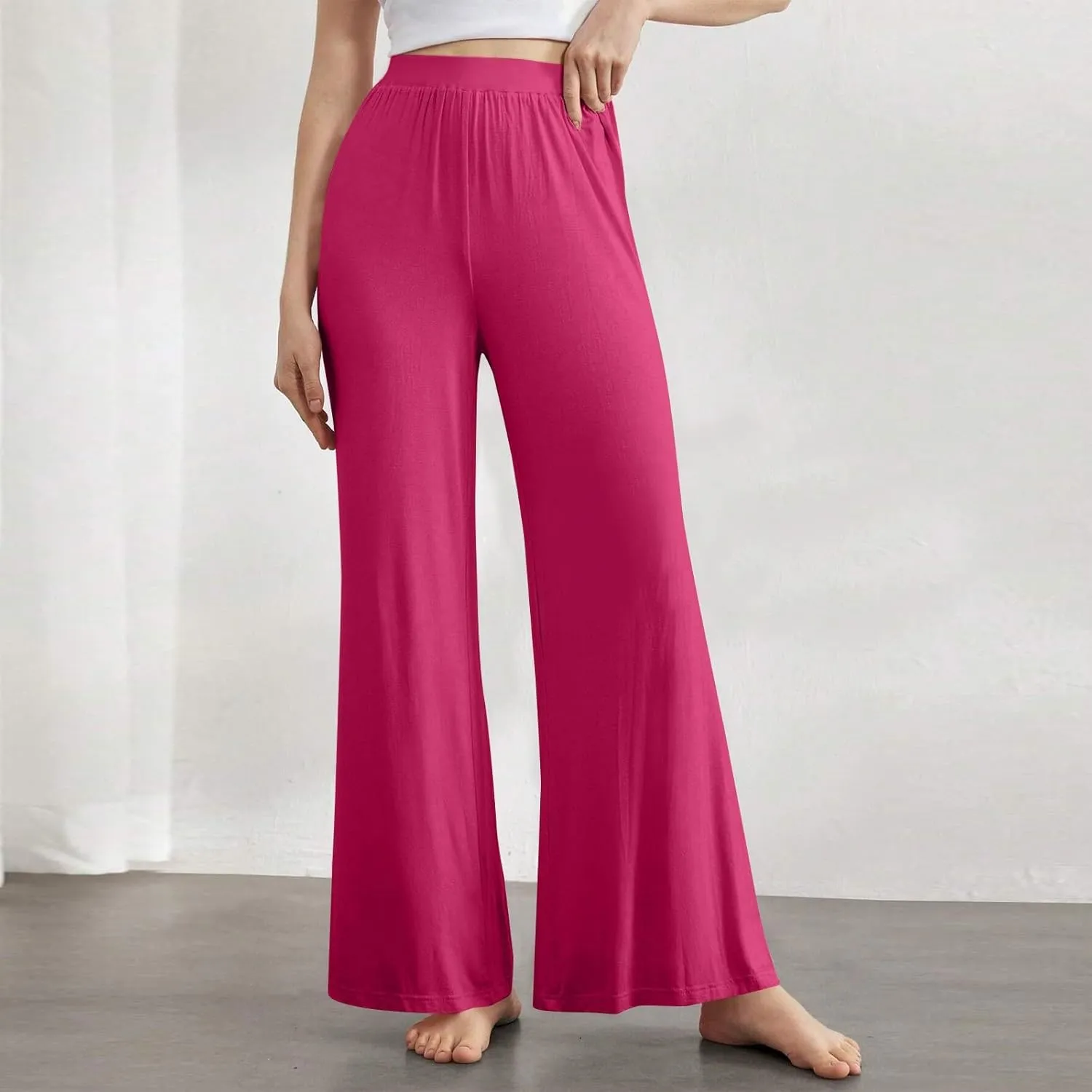 Women's Summer Pants Wide Leg Long High Waisted Pants Lightweight Pleated Pull On Vacation Trousers with Pockets