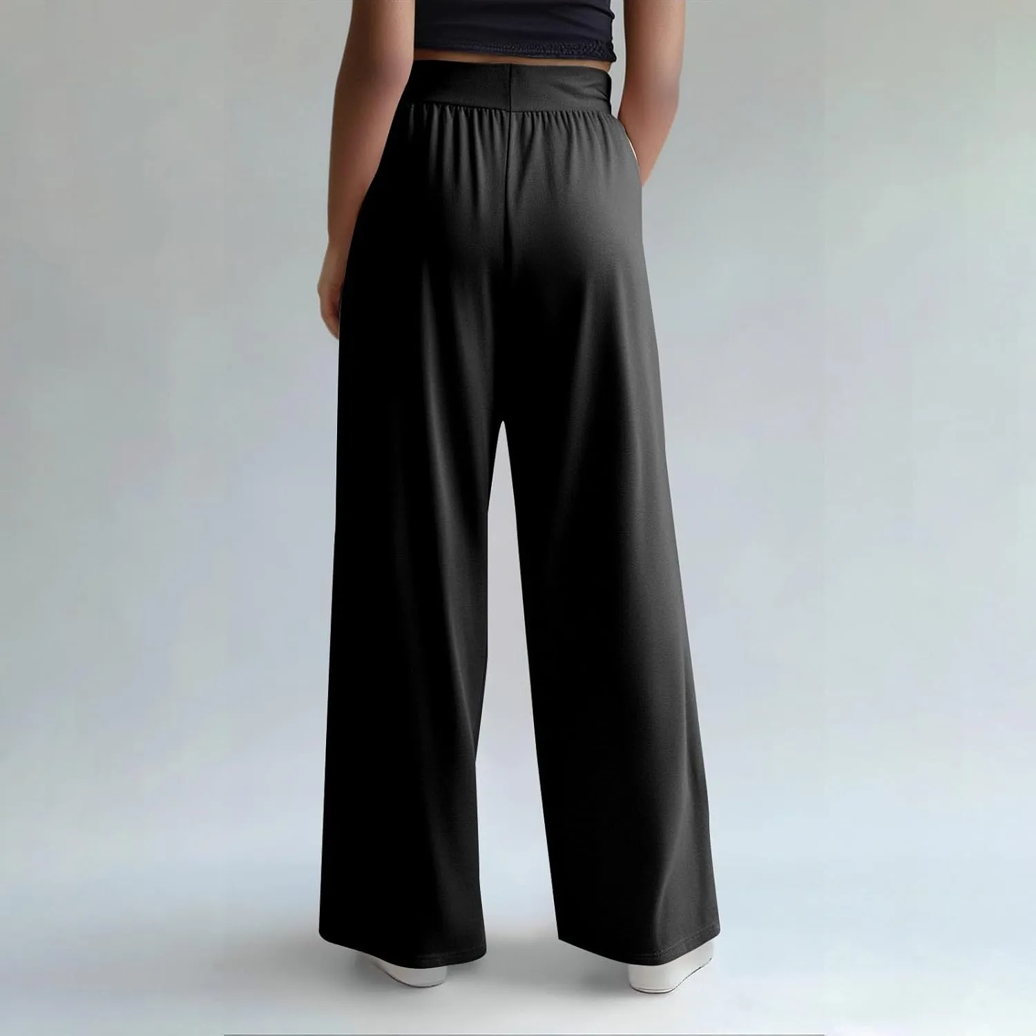 Women's Summer Pants Wide Leg Long High Waisted Pants Lightweight Pleated Pull On Vacation Trousers with Pockets