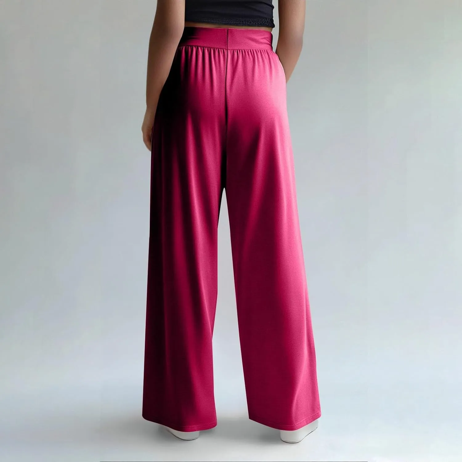 Women's Summer Pants Wide Leg Long High Waisted Pants Lightweight Pleated Pull On Vacation Trousers with Pockets