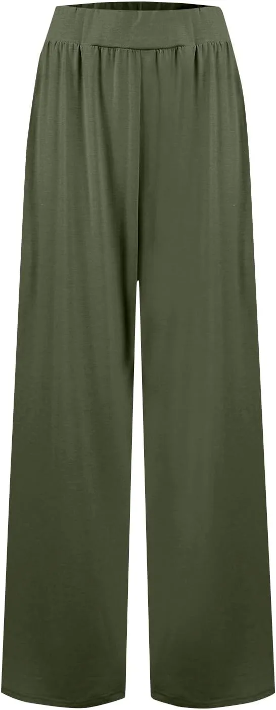 Women's Summer Pants Wide Leg Long High Waisted Pants Lightweight Pleated Pull On Vacation Trousers with Pockets