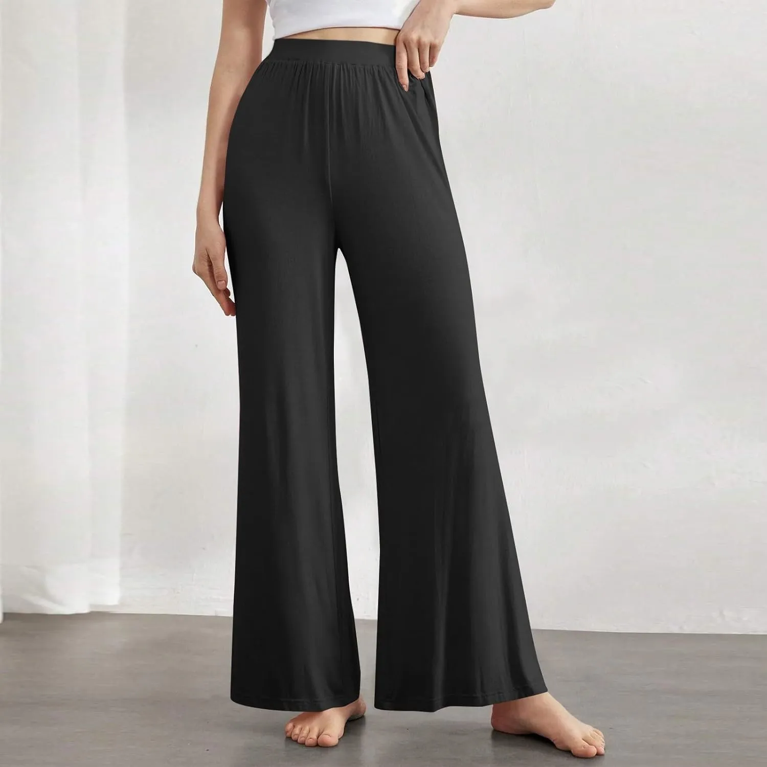 Women's Summer Pants Wide Leg Long High Waisted Pants Lightweight Pleated Pull On Vacation Trousers with Pockets