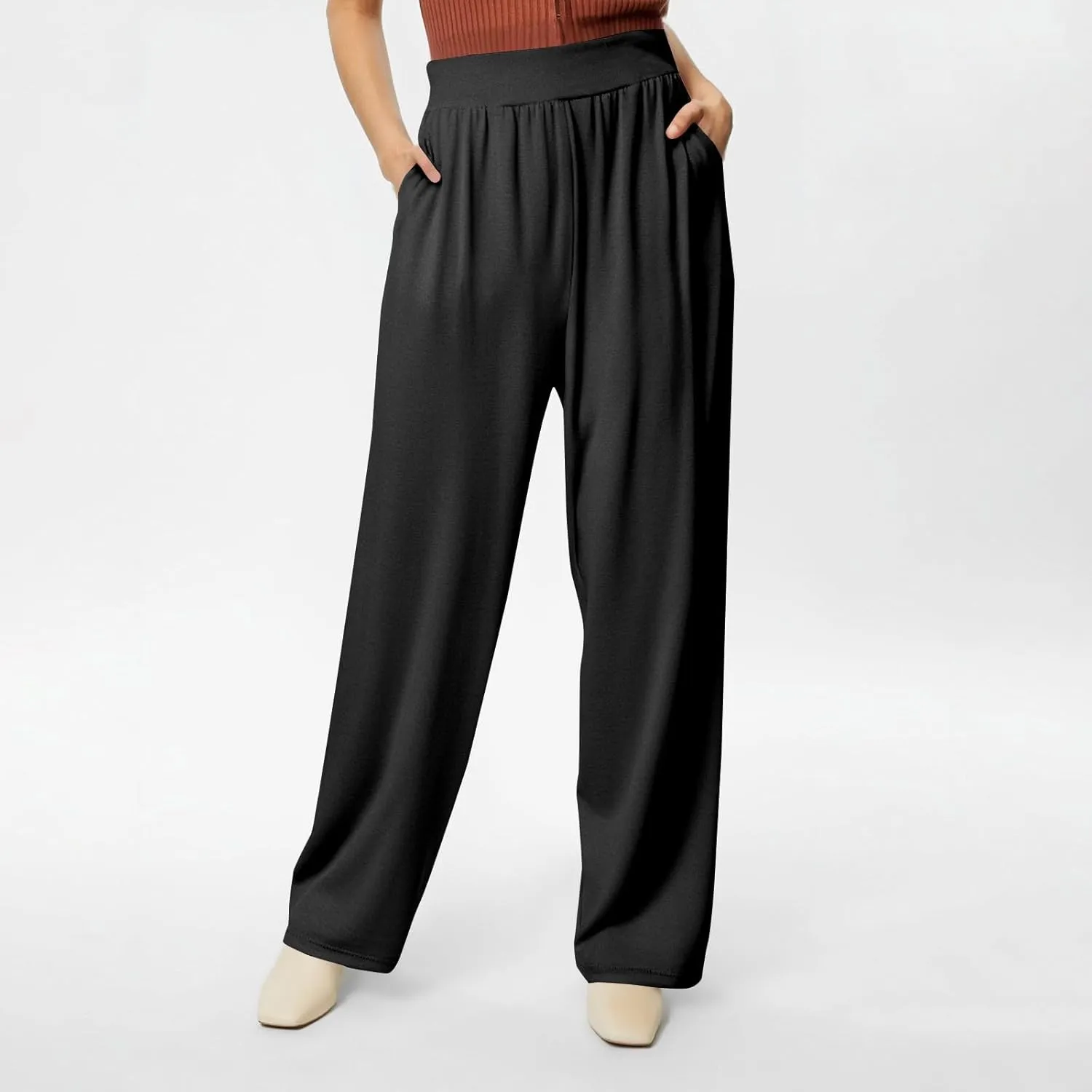 Women's Summer Pants Wide Leg Long High Waisted Pants Lightweight Pleated Pull On Vacation Trousers with Pockets