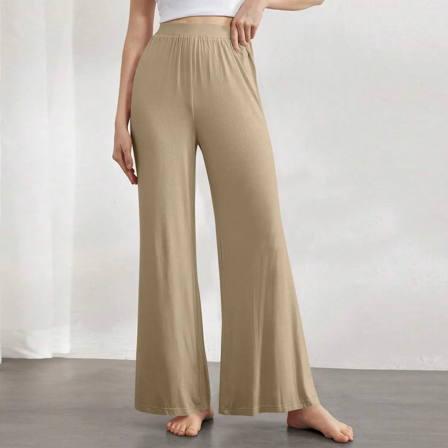 Women's Summer Pants Wide Leg Long High Waisted Pants Lightweight Pleated Pull On Vacation Trousers with Pockets
