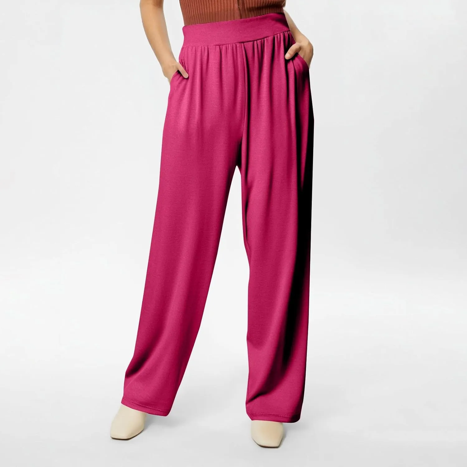 Women's Summer Pants Wide Leg Long High Waisted Pants Lightweight Pleated Pull On Vacation Trousers with Pockets