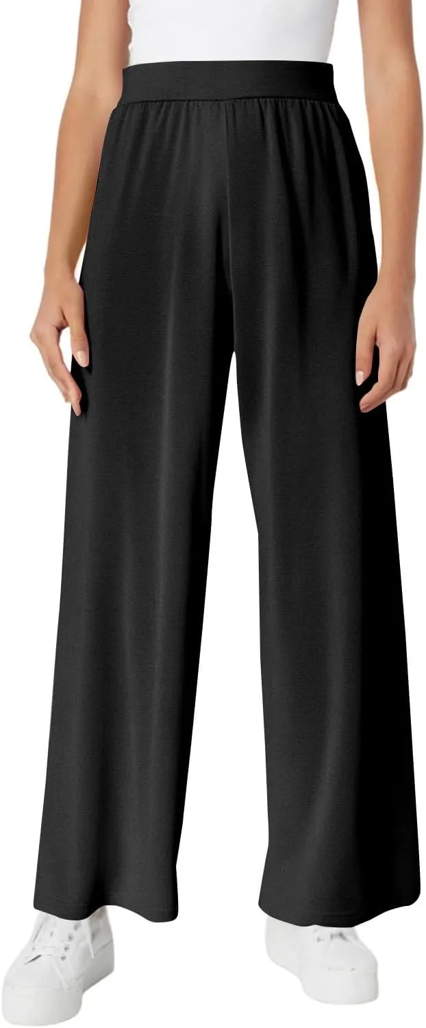 Women's Summer Pants Wide Leg Long High Waisted Pants Lightweight Pleated Pull On Vacation Trousers with Pockets