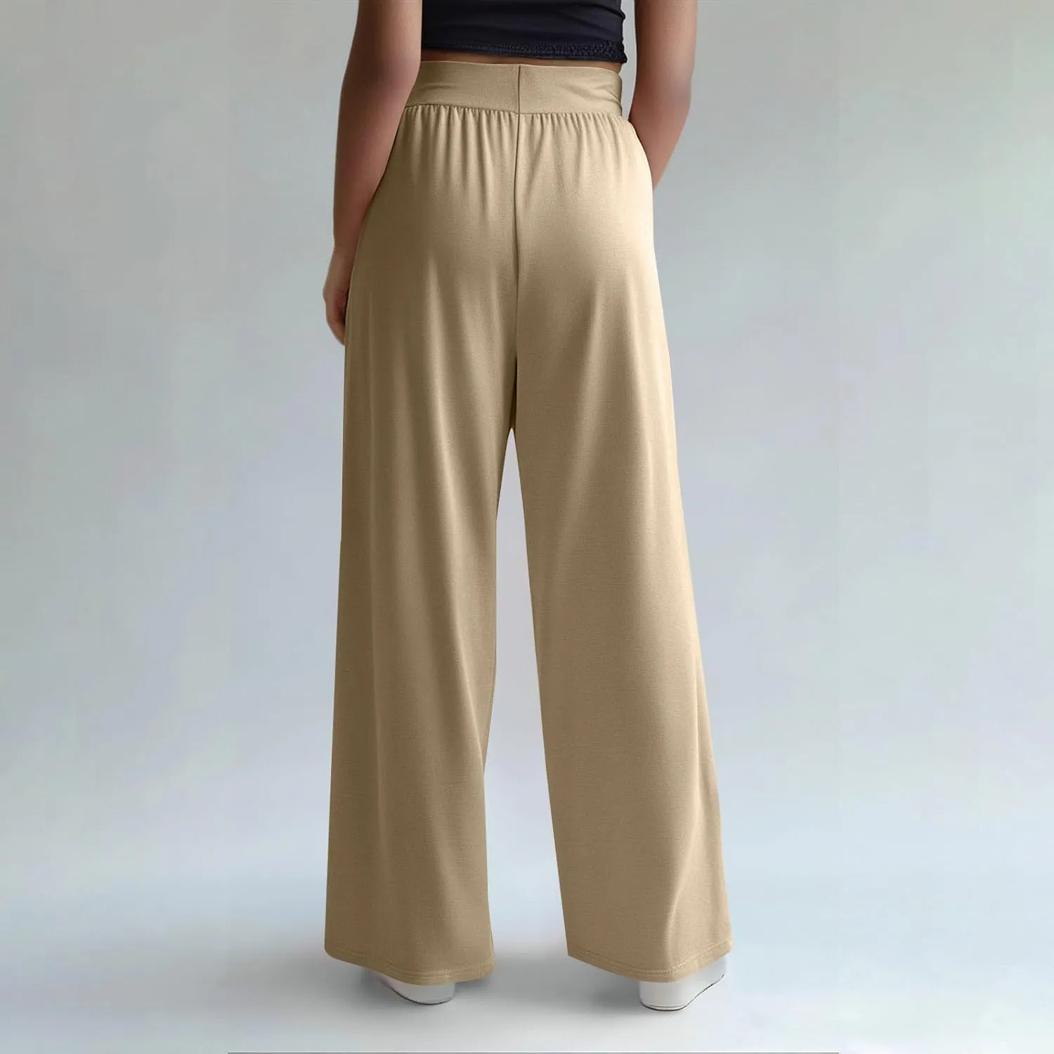 Women's Summer Pants Wide Leg Long High Waisted Pants Lightweight Pleated Pull On Vacation Trousers with Pockets