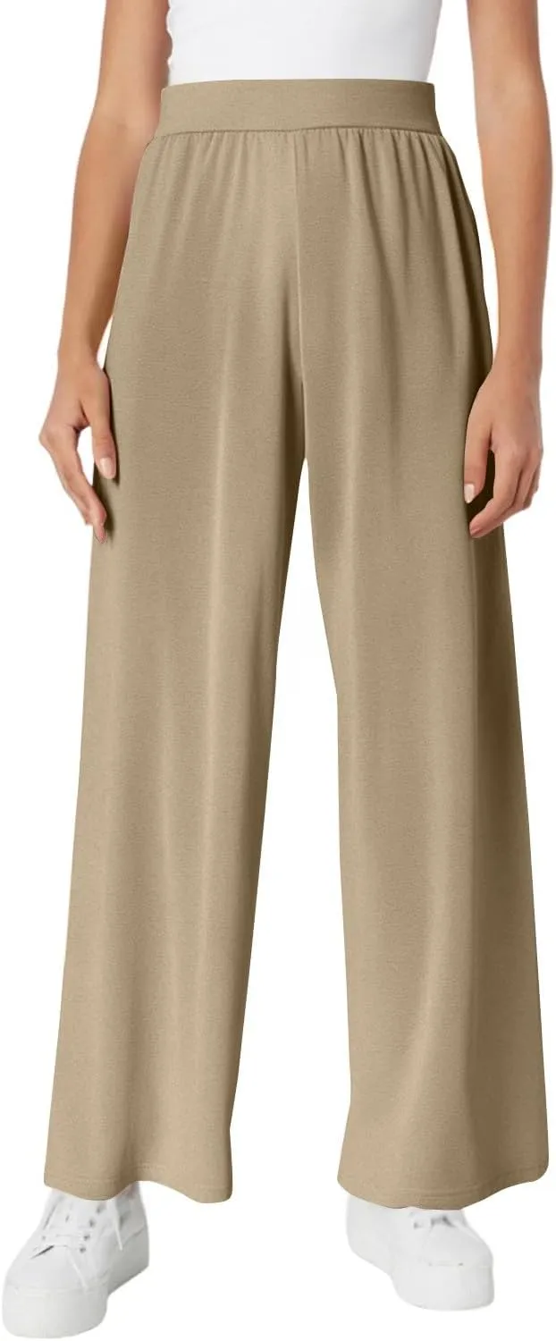 Women's Summer Pants Wide Leg Long High Waisted Pants Lightweight Pleated Pull On Vacation Trousers with Pockets