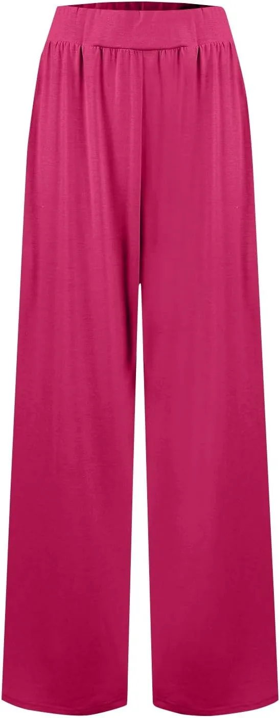 Women's Summer Pants Wide Leg Long High Waisted Pants Lightweight Pleated Pull On Vacation Trousers with Pockets