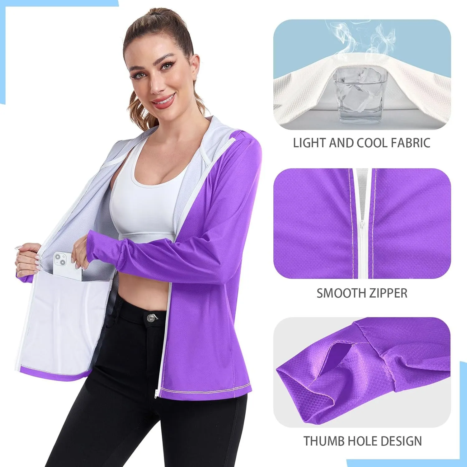 Womens Sun Protection Shirts Lavender Blue UV Cooling Hoodie Summer Clothing Long Sleeve SPF 50 Quick Dry Cooling Shirts