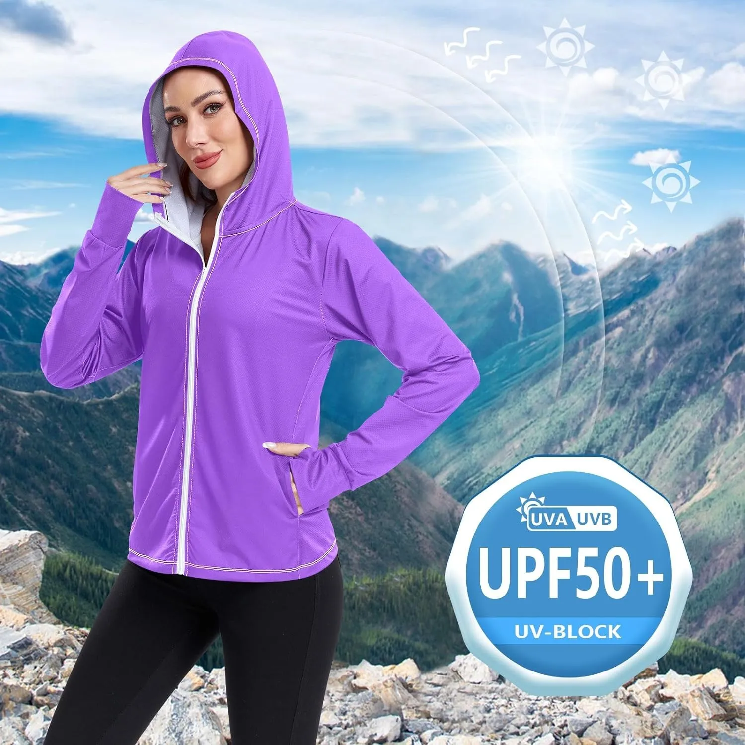 Womens Sun Protection Shirts Lavender Blue UV Cooling Hoodie Summer Clothing Long Sleeve SPF 50 Quick Dry Cooling Shirts