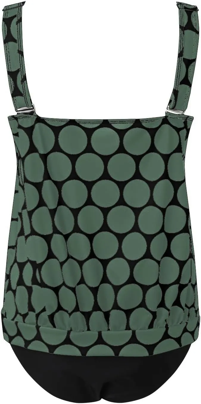 Womens Swimsuits Tankini with Shorts Plus Size 2 Piece Bathing Suits Tummy Control Polka Dot Blouson Tankini Swimwear