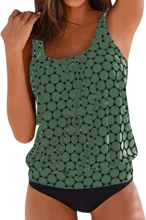 Womens Swimsuits Tankini with Shorts Plus Size 2 Piece Bathing Suits Tummy Control Polka Dot Blouson Tankini Swimwear