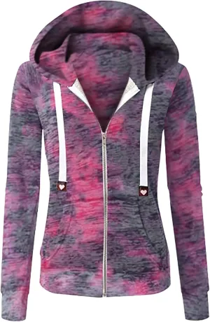 Womens Tie-Dye Zip up Sweatshirts Hooded Long Sleeve Coats Drawstring Casual Loose Outerwear with Pockets
