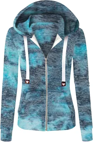Womens Tie-Dye Zip up Sweatshirts Hooded Long Sleeve Coats Drawstring Casual Loose Outerwear with Pockets