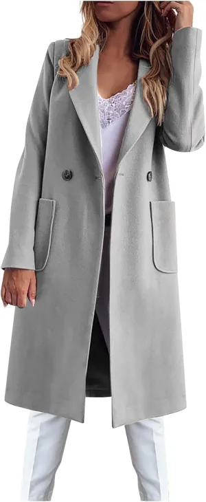 Women's Trench Coats Womens Fall Winter Wool Pea Coat Dressy Casual Double Breasted Midi Peacoat Trench Coats Elegant Notched Lapel Jackets Gray Xx-Large
