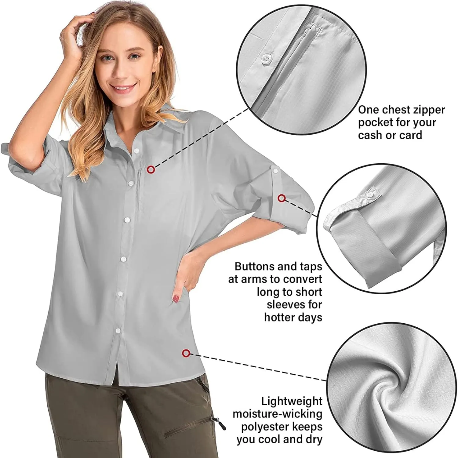 Womens UPF 50  Sun Protection Fishing Shirt Quick Dry Button Down Long Sleeve Shirts Solid Color Outdoor Travel Shirts