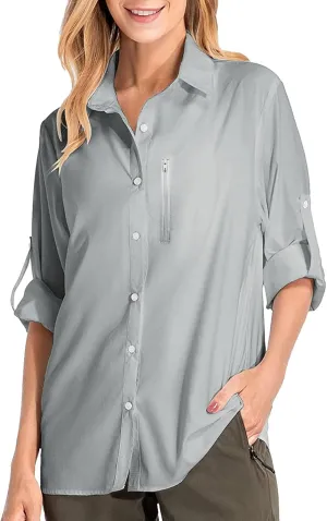 Womens UPF 50  Sun Protection Fishing Shirt Quick Dry Button Down Long Sleeve Shirts Solid Color Outdoor Travel Shirts