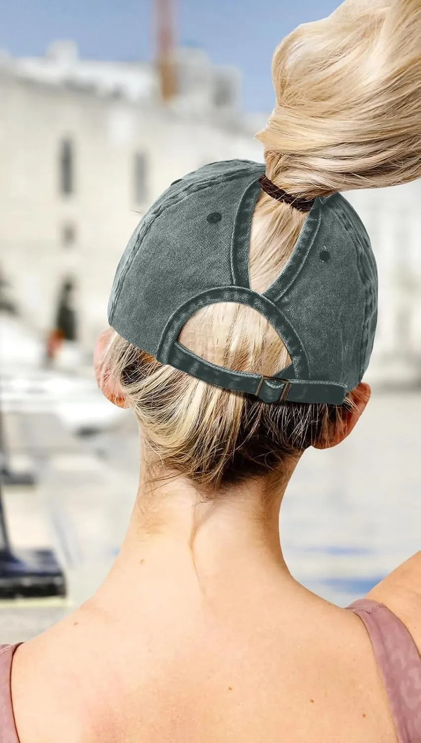 Womens Vintage Washed Distressed Baseball-Cap with Ponytail Hole Sport Golf Hat