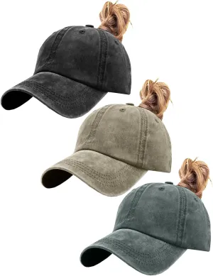 Womens Vintage Washed Distressed Baseball-Cap with Ponytail Hole Sport Golf Hat