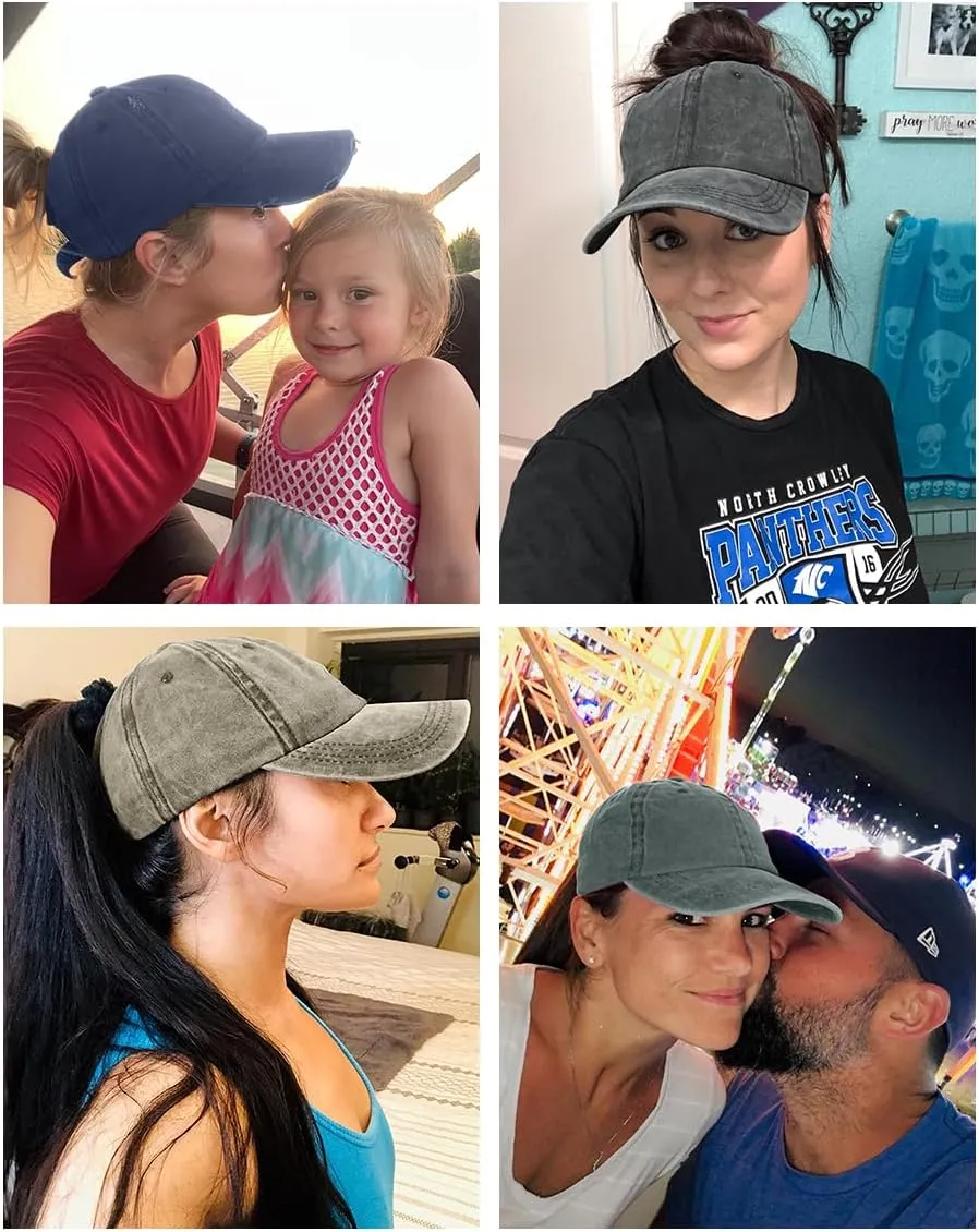 Womens Vintage Washed Distressed Baseball-Cap with Ponytail Hole Sport Golf Hat
