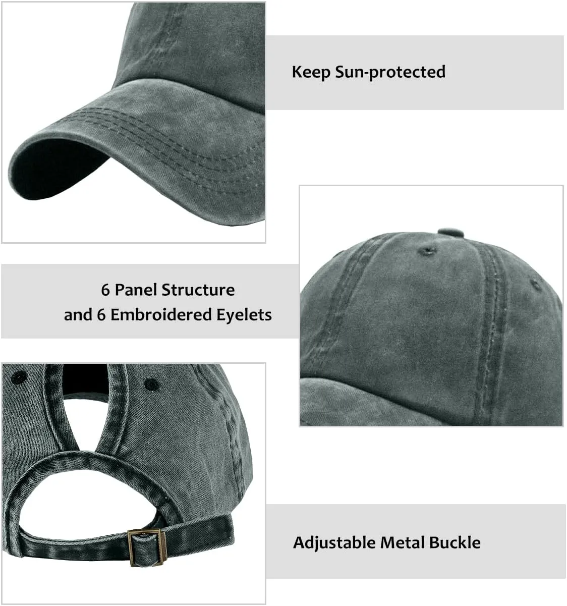 Womens Vintage Washed Distressed Baseball-Cap with Ponytail Hole Sport Golf Hat