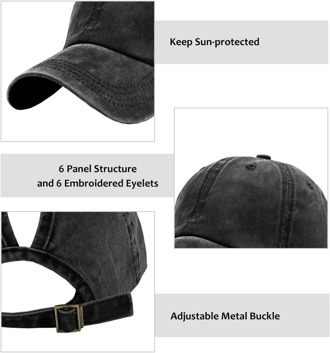 Womens Vintage Washed Distressed Baseball-Cap with Ponytail Hole Sport Golf Hat