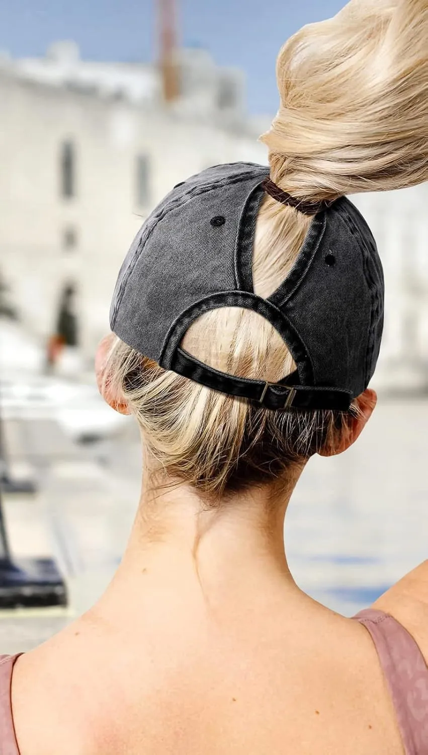 Womens Vintage Washed Distressed Baseball-Cap with Ponytail Hole Sport Golf Hat