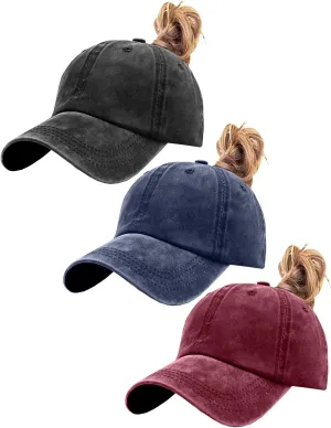 Womens Vintage Washed Distressed Baseball-Cap with Ponytail Hole Sport Golf Hat