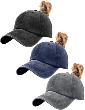 Womens Vintage Washed Distressed Baseball-Cap with Ponytail Hole Sport Golf Hat