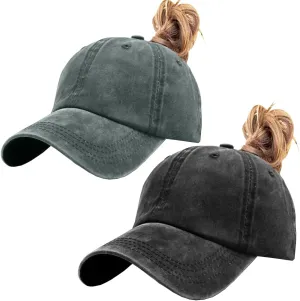 Womens Vintage Washed Distressed Baseball-Cap with Ponytail Hole Sport Golf Hat