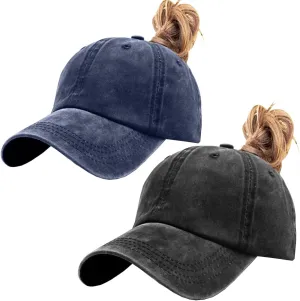 Womens Vintage Washed Distressed Baseball-Cap with Ponytail Hole Sport Golf Hat