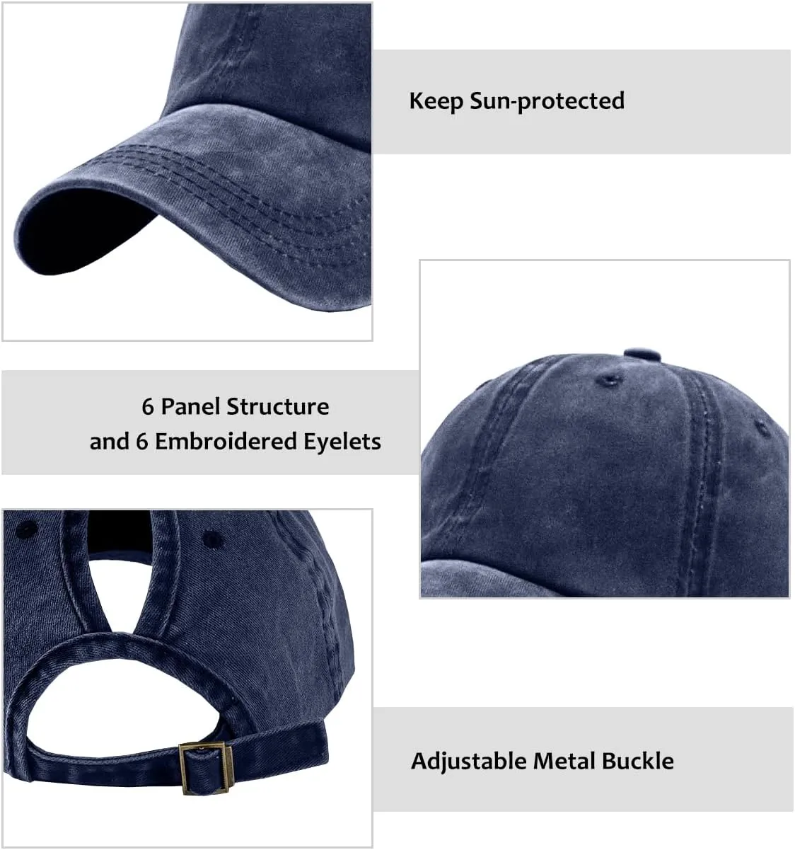 Womens Vintage Washed Distressed Baseball-Cap with Ponytail Hole Sport Golf Hat