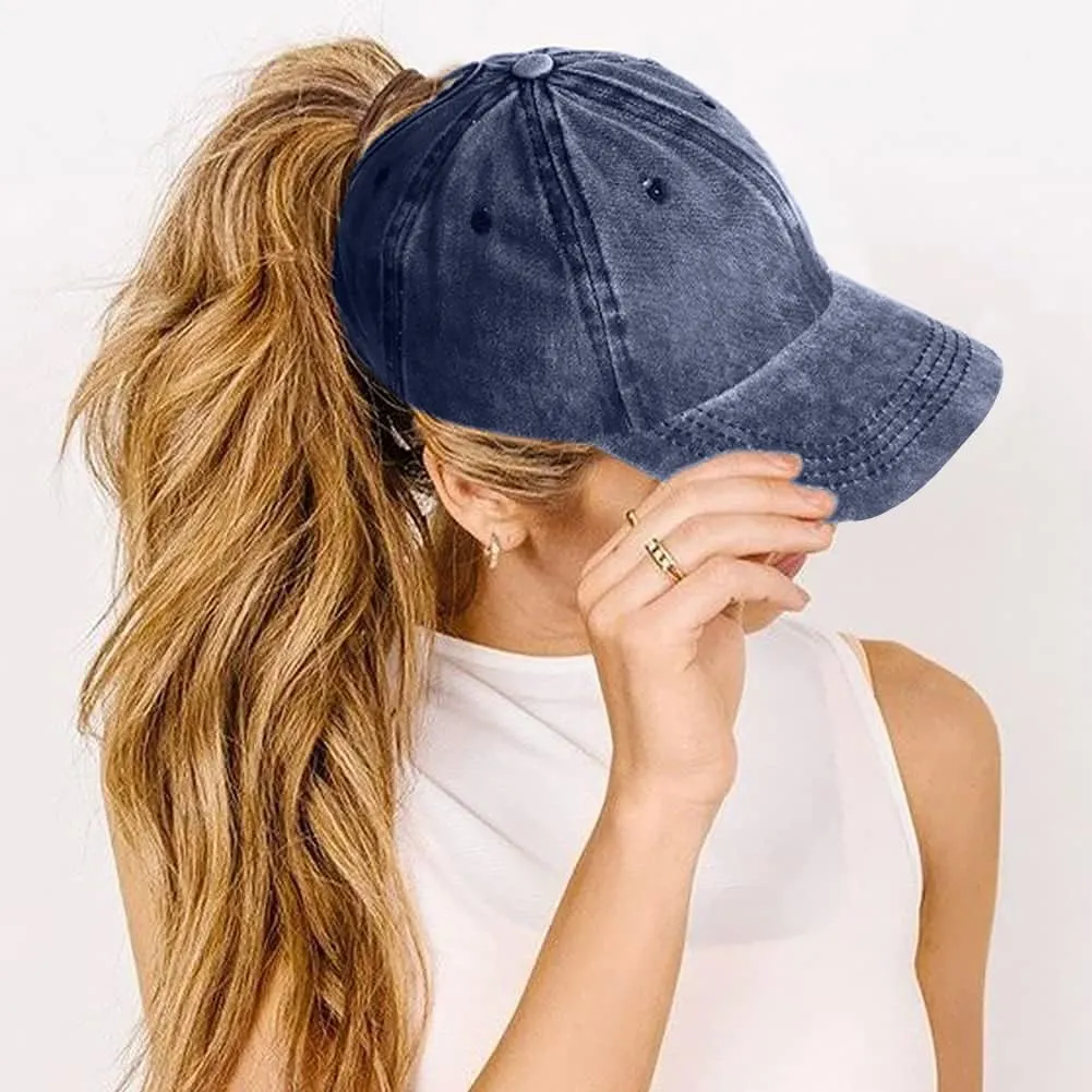 Womens Vintage Washed Distressed Baseball-Cap with Ponytail Hole Sport Golf Hat