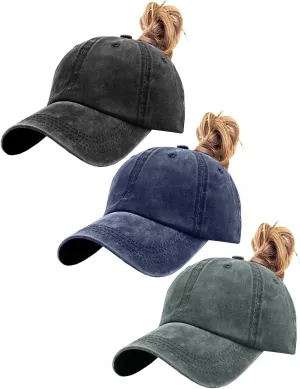 Womens Vintage Washed Distressed Baseball-Cap with Ponytail Hole Sport Golf Hat